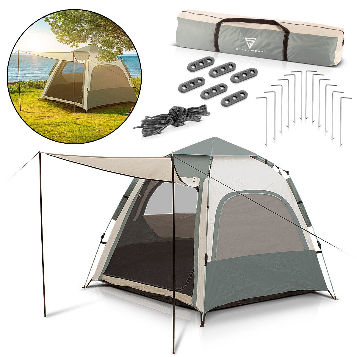 STAHLWERK Campingzelt Z-273 ST 273 x 273 cm selbstaufbauendes Pop-Up-Zelt | Wurfzelt | Igluzelt | Faltzelt | Kuppelzelt | Trekkingzelt | Zelt für 3-4 Personen inklusive Transporttasche