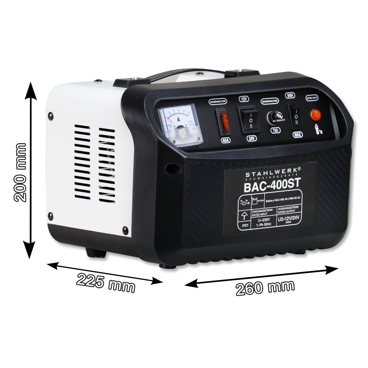 STAHLWERK KFZ Batterieladegerät BAC-400 ST, 12/24V Modus, bis zu 400 Ah Batteriekapazität, bis zu 21 A Ladestrom, Booster, 7 Jahre Garantie