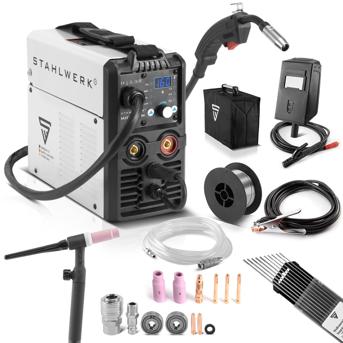 Stahlwerk Lift Tig Starter Set Mig Mag 160 m / full Synergic 5 in 1 combination welding device with 160 amps and 2 roller drive / Mig Mag Flux Arc MMA Lift