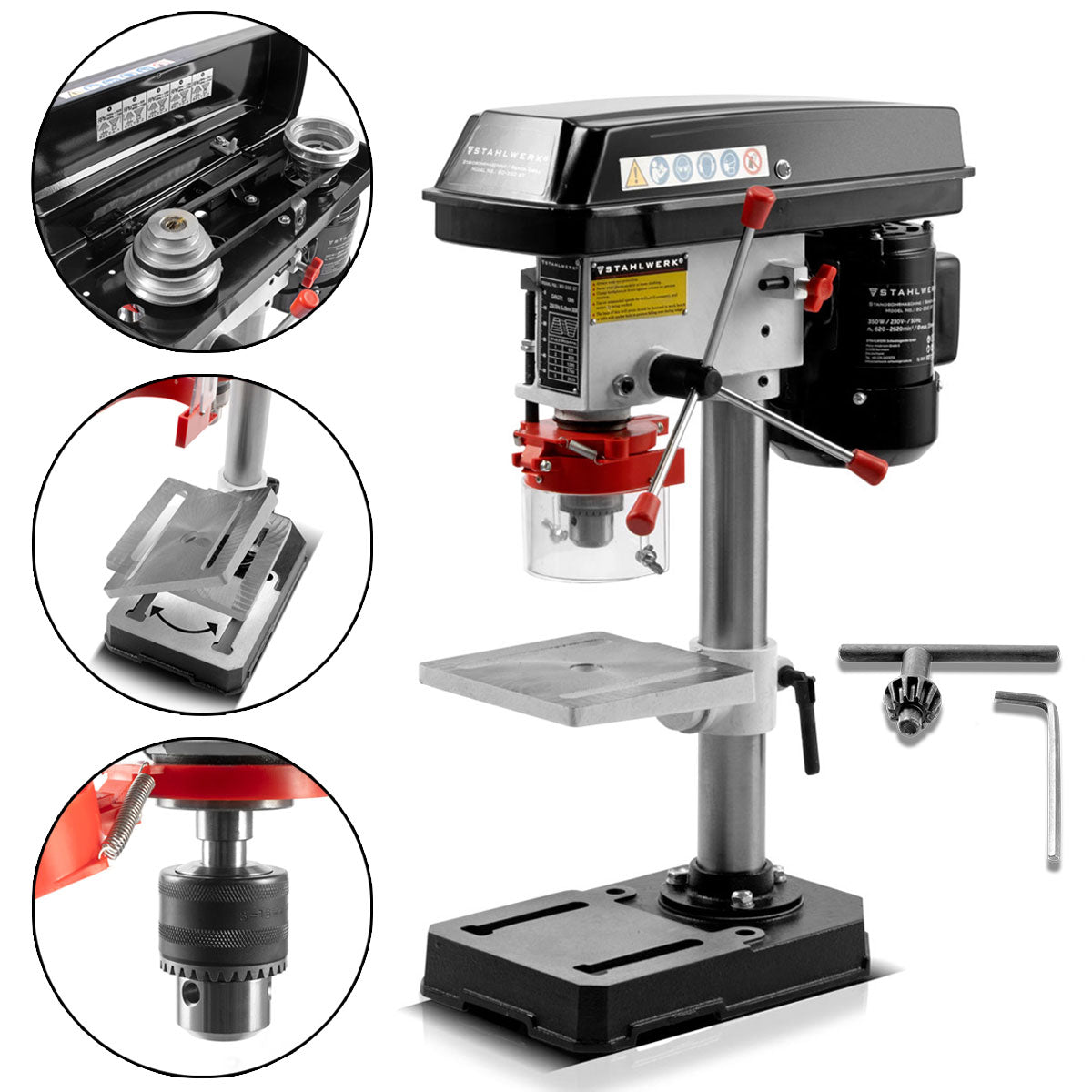 Steelworks BD-350 ST column drilling machine with 350 watt 13 mm drilling diameter and height-adjustable drilling table for use in the workshop and industry