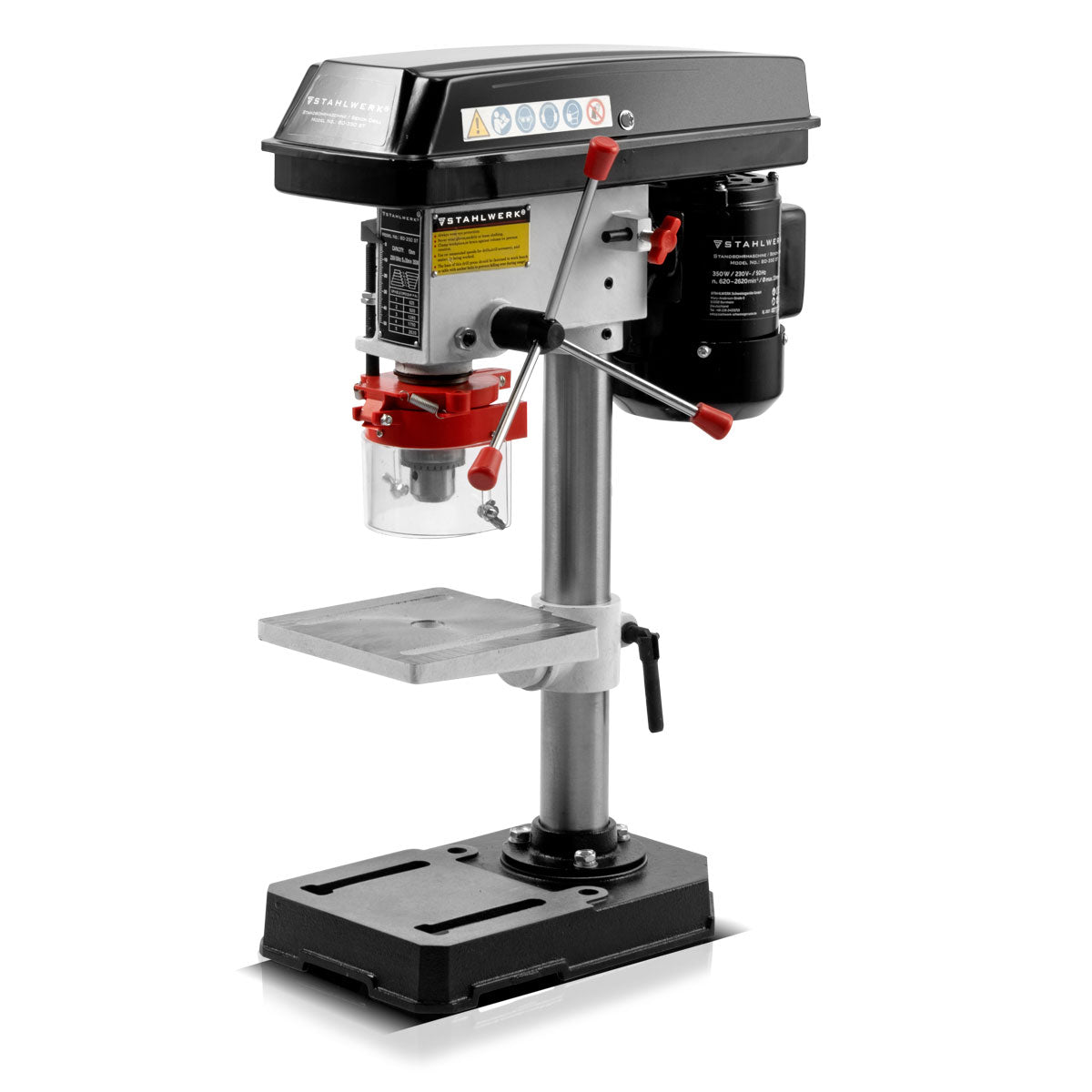 Steelworks BD-350 ST column drilling machine with 350 watt 13 mm drilling diameter and height-adjustable drilling table for use in the workshop and industry