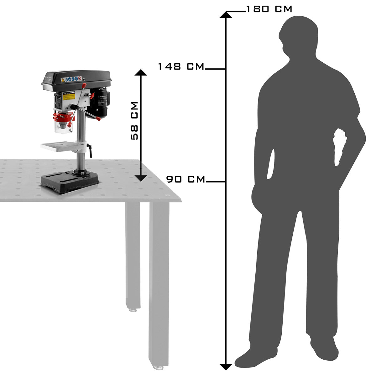 Steelworks BD-350 ST column drilling machine with 350 watt 13 mm drilling diameter and height-adjustable drilling table for use in the workshop and industry