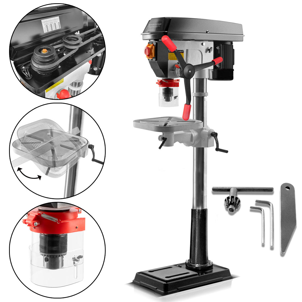 Steelworks BD-900 ST column drilling machine with 900 watts 20 mm drilling diameter and height-adjustable drilling table for use in the workshop and industry