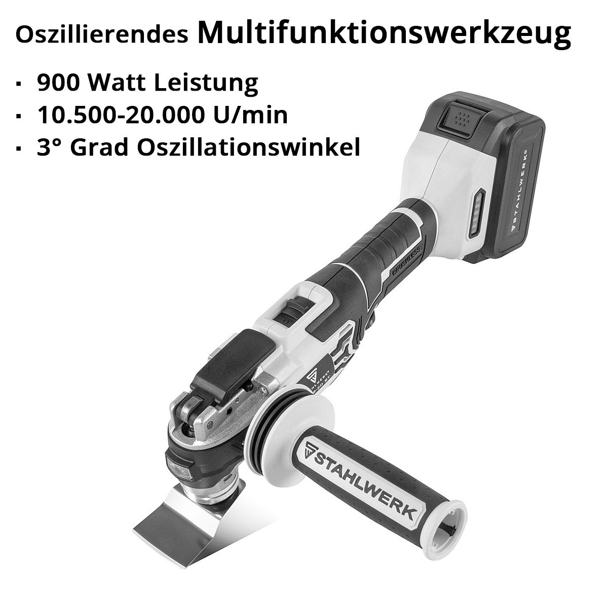 STAHLWERK Oszillierendes Akku Multifunktionswerkzeug OMTB-20 ST mit 900 Watt, 10.500-20.000 U/min und 20 V Akku-System, Deltaschleifer / Oszillationswerkzeug / Multicutter mit Brushless Technologie inklusive Zubehör, Akku, Ladegerät und Transportkoffer