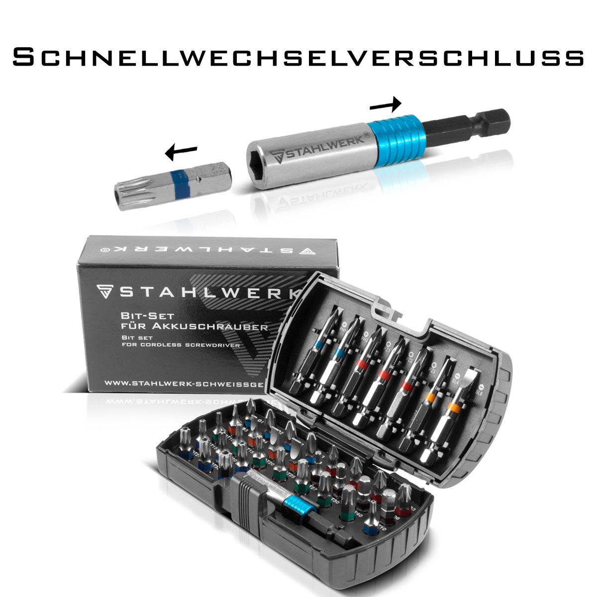 STAHLWERK 38-teiliges Chrom-Vanadium Profi-Bit-Set mit Magnethalter und Schnellwechsel-Vorrichtung geeignet für Akku-Schrauber und Handbohrmaschinen