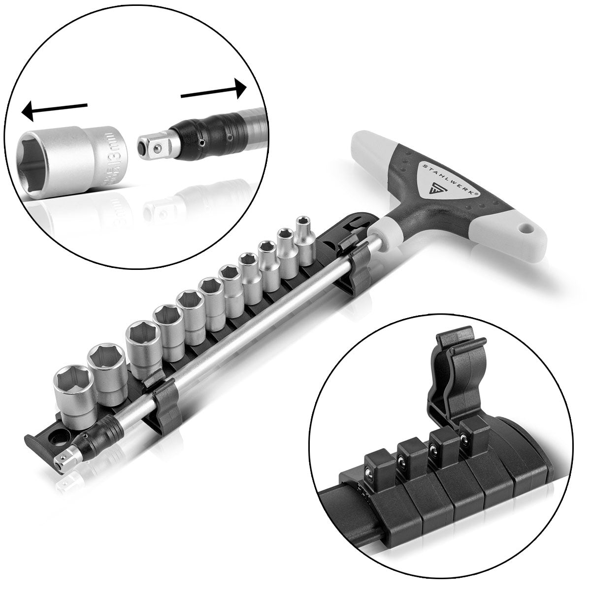 STAHLWERK 12-teiliger Profi-Steckschlüssel-Satz aus Chrom-Vanadium Stahl mit T-Griff, Magnethalterung und Schnellwechselverschluss