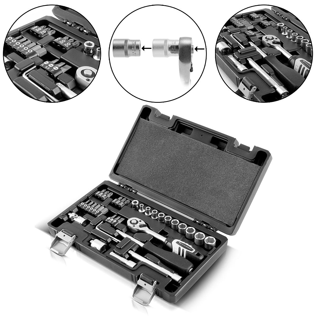 Scatola a cricchetto professionale da 35 parti di acciaio con ratti di commutazione da 1/4 di pollice in acciaio Chrome Vanadium in qualità industriale, compresa il tasto socket e il set di bit