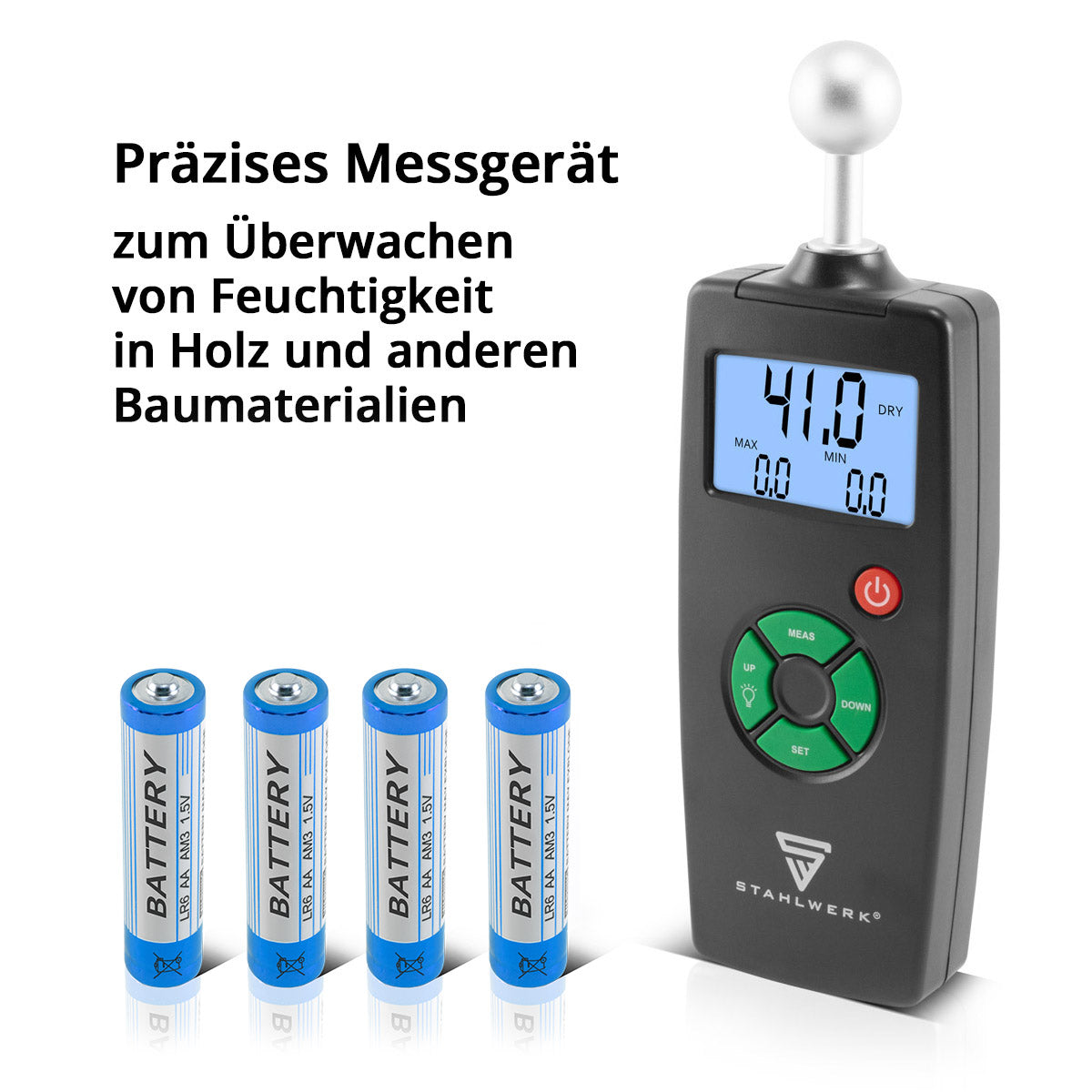 STAHLWERK FM-100 ST Profi Feuchtigkeitsmessgerät mit 40 mm Messtiefe und Kugelkopf, präziser Feuchtigkeitsmesser / Feuchtemesser für Wände, Holz, Putz, Gips und Zement