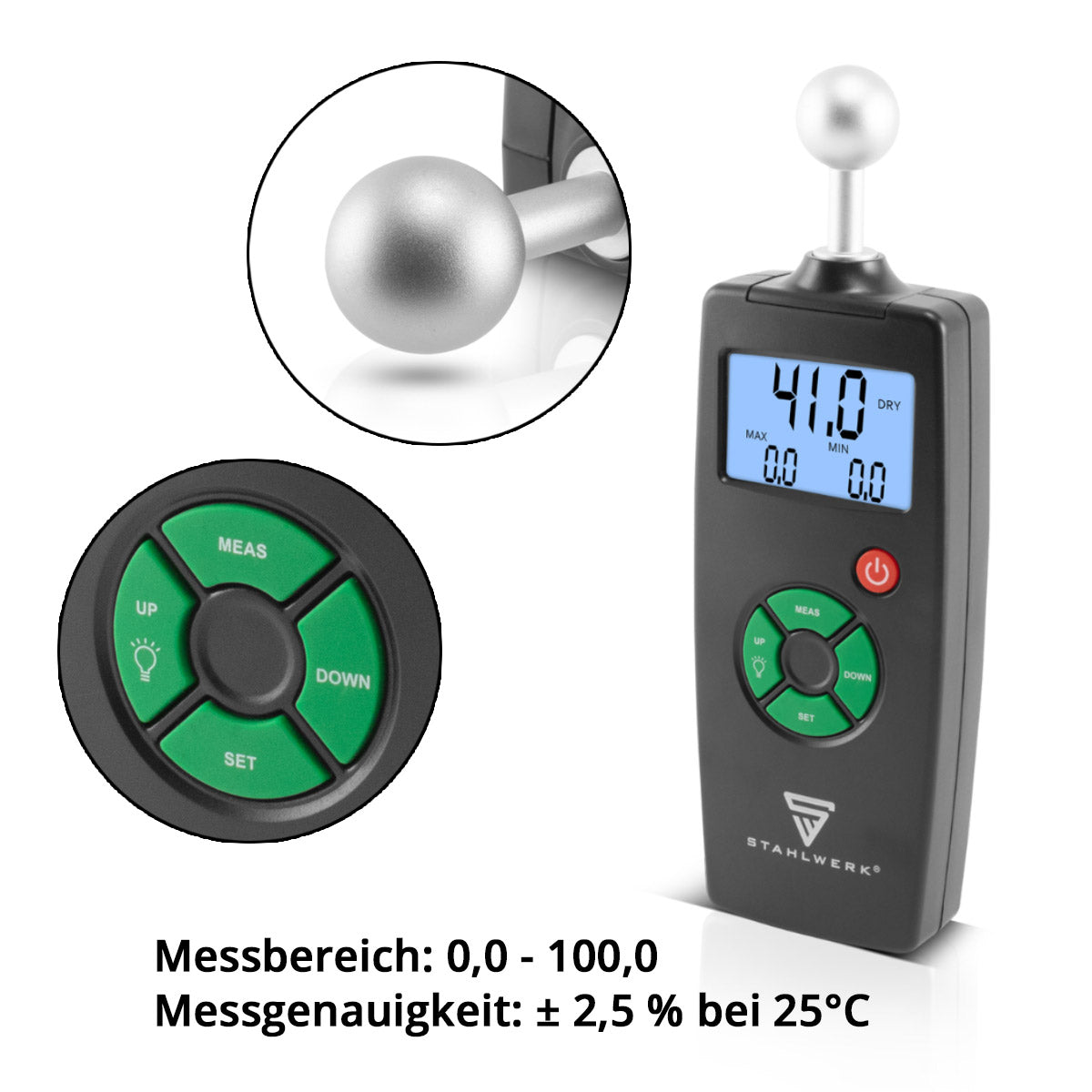 STAHLWERK FM-100 ST Profi Feuchtigkeitsmessgerät mit 40 mm Messtiefe und Kugelkopf, präziser Feuchtigkeitsmesser / Feuchtemesser für Wände, Holz, Putz, Gips und Zement