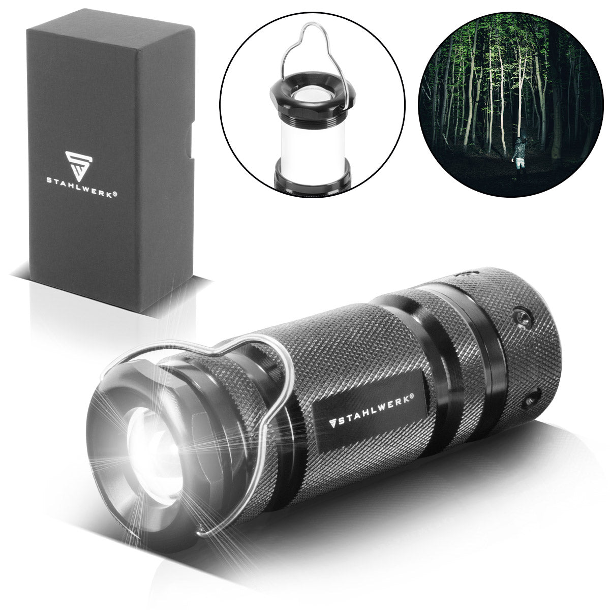 Flashlight LED in acciaio con 6 modalità, estendibile compressa telescopica a 360 ° luce / luce LED / Luce LED / LATERNA LED / LANTERN LED con alloggiamento in alluminio di alta qualità