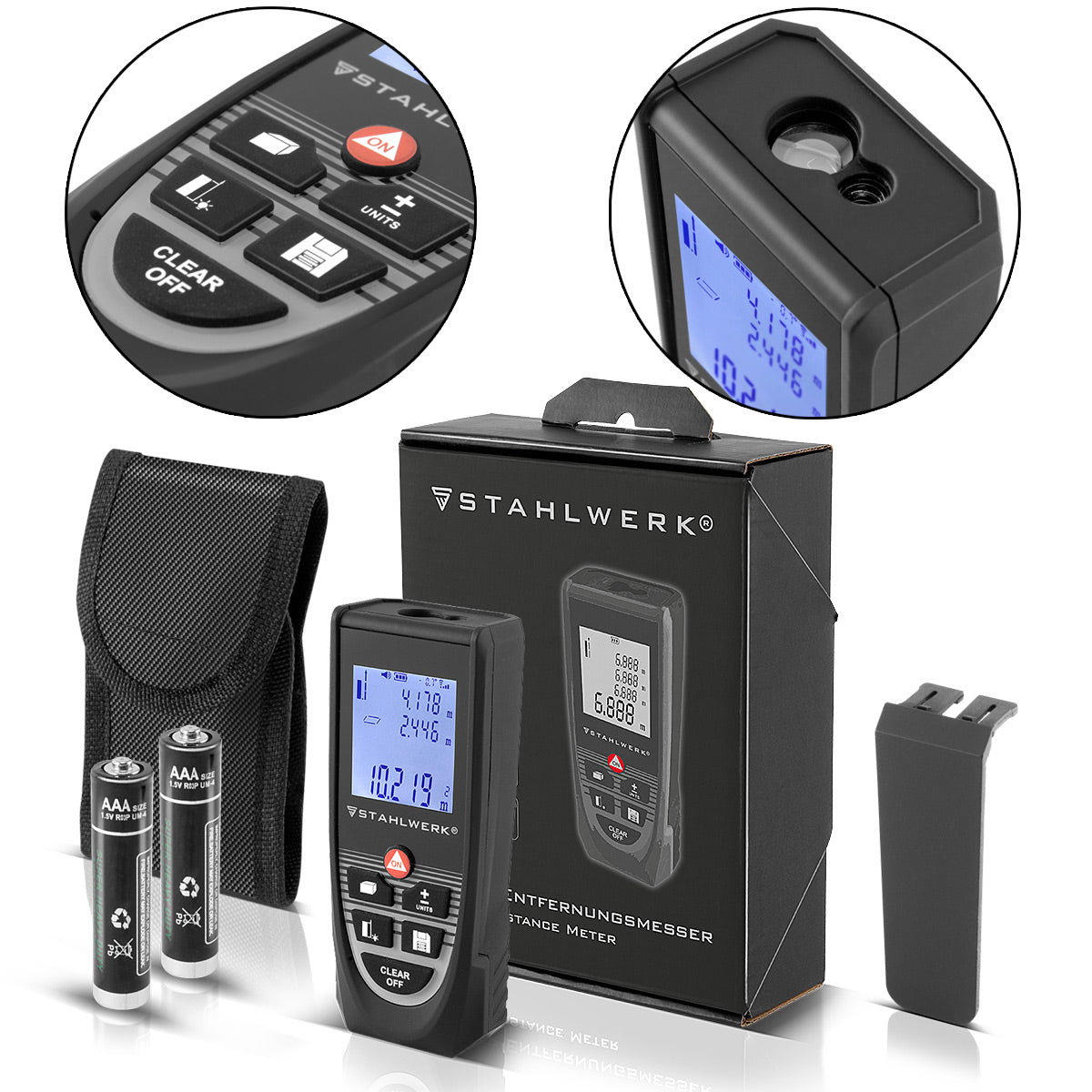 Steelwork Laser Remanding knife L-80 ST up to 80 m distance meter with illuminated LCD digital display, distance and distance measuring device for precise measurement of distances and space content on construction sites or indoors