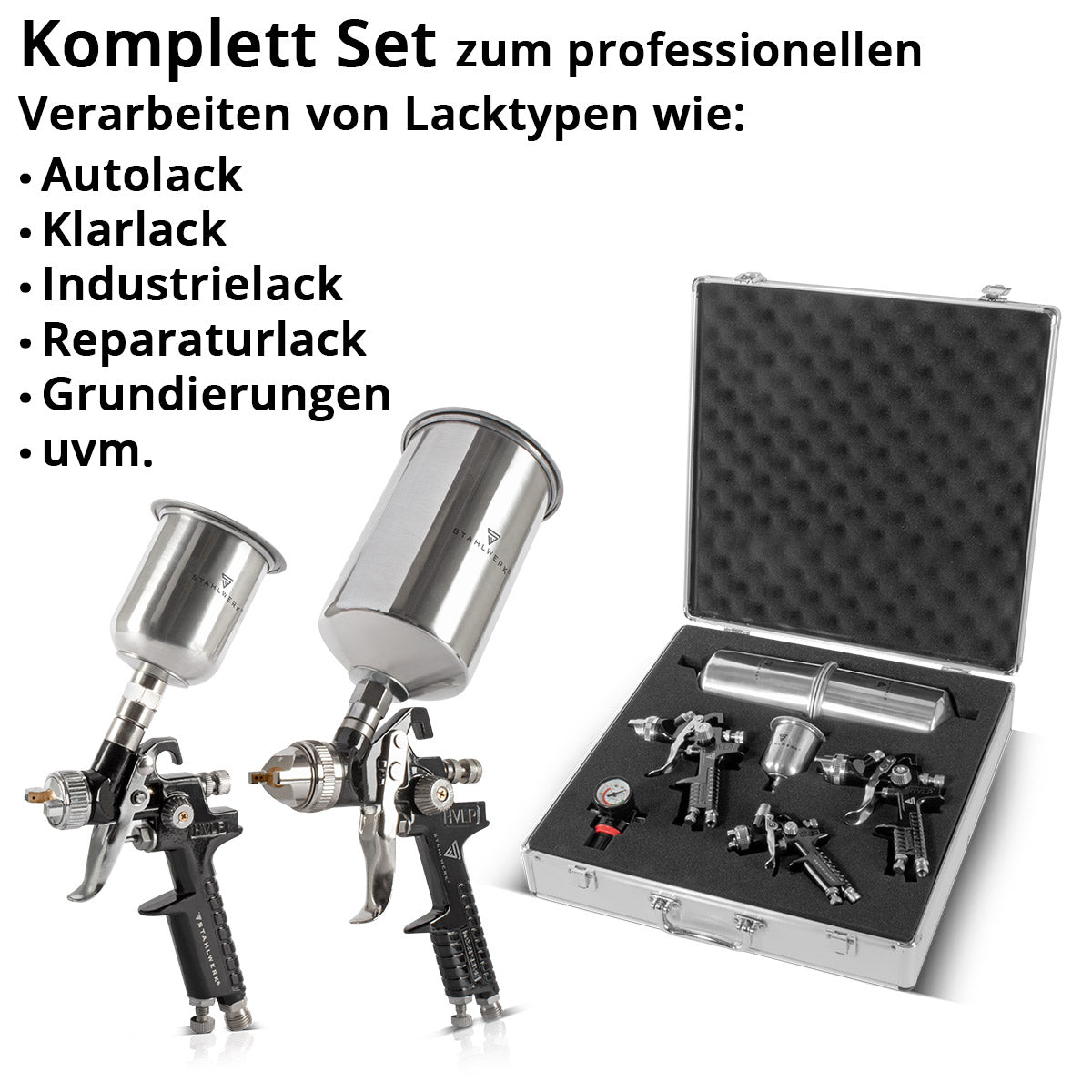 STAHLWERK HVLP Lackierpistolen Set SGS-1125 ST 21 Teile mit 3 Druckluft Lackierpistolen, 0,8 / 1,4 / 1,7 mm Düsensatz, 3 Fließbechern, Luftdruckregler, Aluminium-Koffer uvm Professioneller Lackiersatz / Spritzpistole / Sprühpistole / Spraypistole