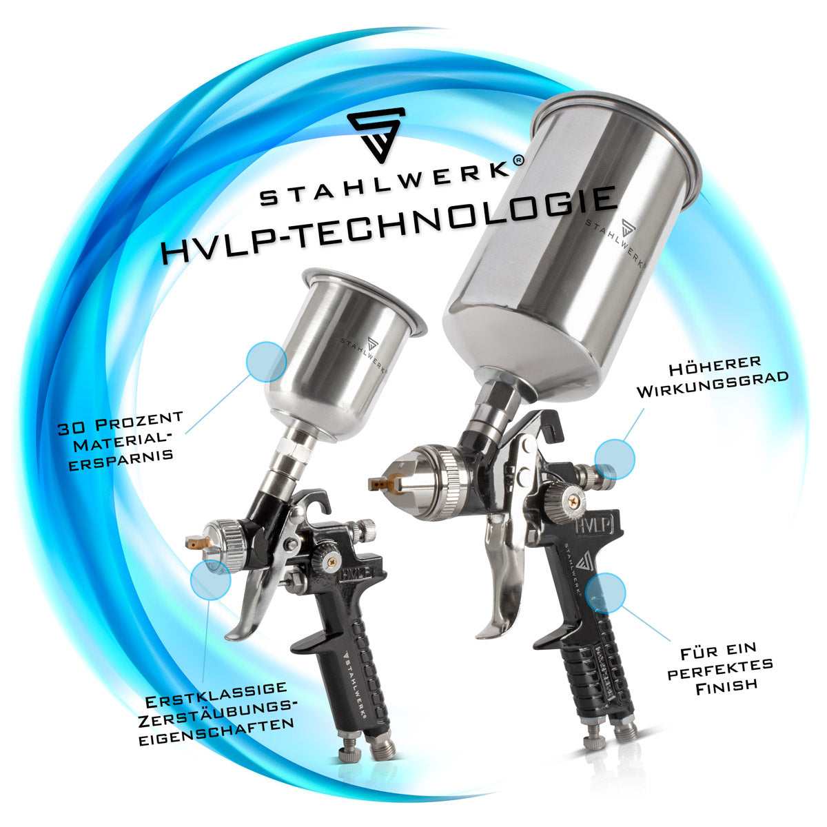 STAHLWERK HVLP Lackierpistolen Set SGS-1125 ST 21 Teile mit 3 Druckluft Lackierpistolen, 0,8 / 1,4 / 1,7 mm Düsensatz, 3 Fließbechern, Luftdruckregler, Aluminium-Koffer uvm Professioneller Lackiersatz / Spritzpistole / Sprühpistole / Spraypistole