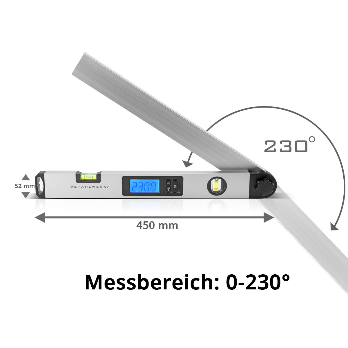 STAHLWERK DW-45 ST Digitaler Aluminium Winkelmesser / Präzisions-Winkelmessgerät / Gradmesser mit integrierter Wasserwaage, weiter Messbereich von 0-230 Grad, 450 mm, beleuchtetes LCD-Display mit Hold-Funktion und Gehrungswinkel-Berechnung