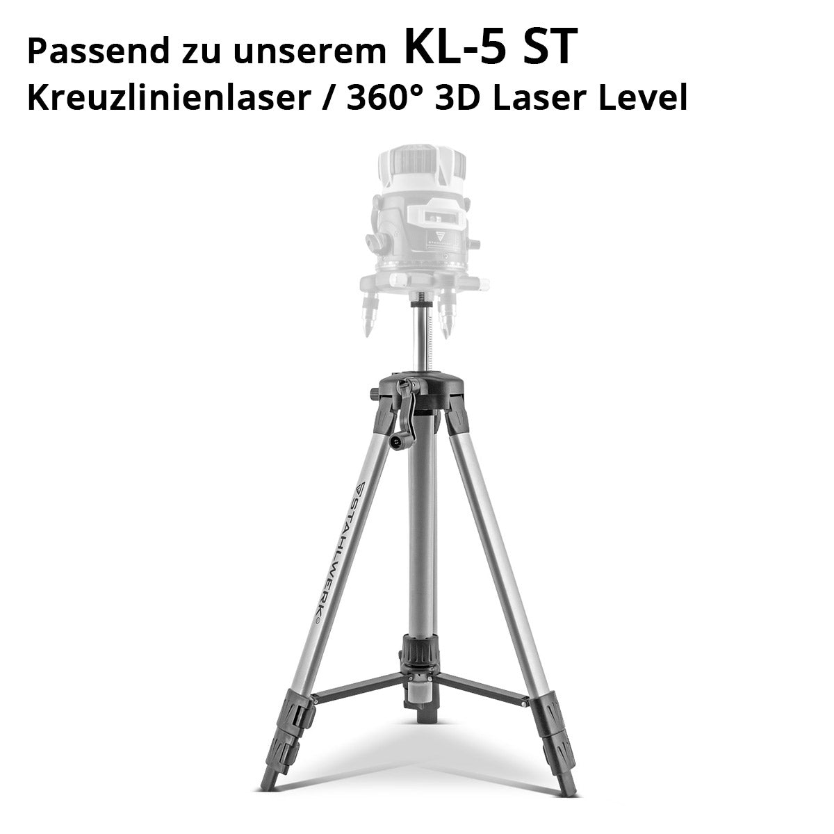 STAHLWERK Universal-Stativ für den STAHLWERK Kreuzlinienlaser KL-5 ST Teleskopstativ / Stativ / Dreibein-Stativ mit ausfahrbarer 280 mm Mittel-Säule, Kurbel und Nivellierlibelle