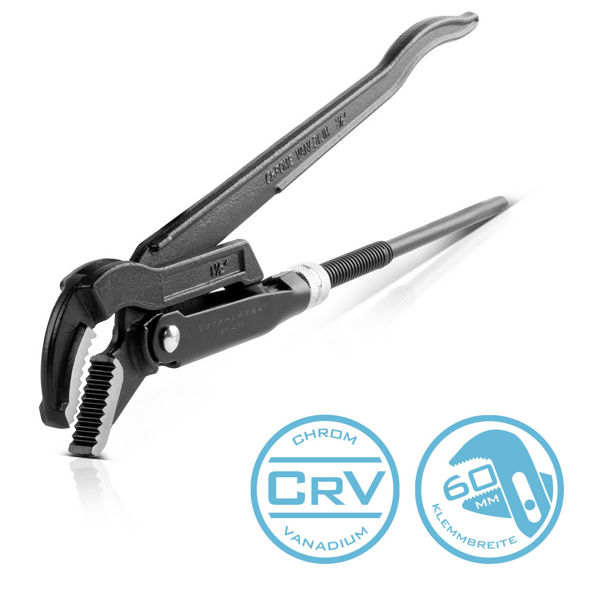 Steel mechanism pipe tongs 1.5 "inch (38 mm) S/45 ° Chrom-vanadium 420 mm powder-coated 4in1 water pump pliers with 60 mm clamping width, hardened cheeks, curved progress and staggered interlinking