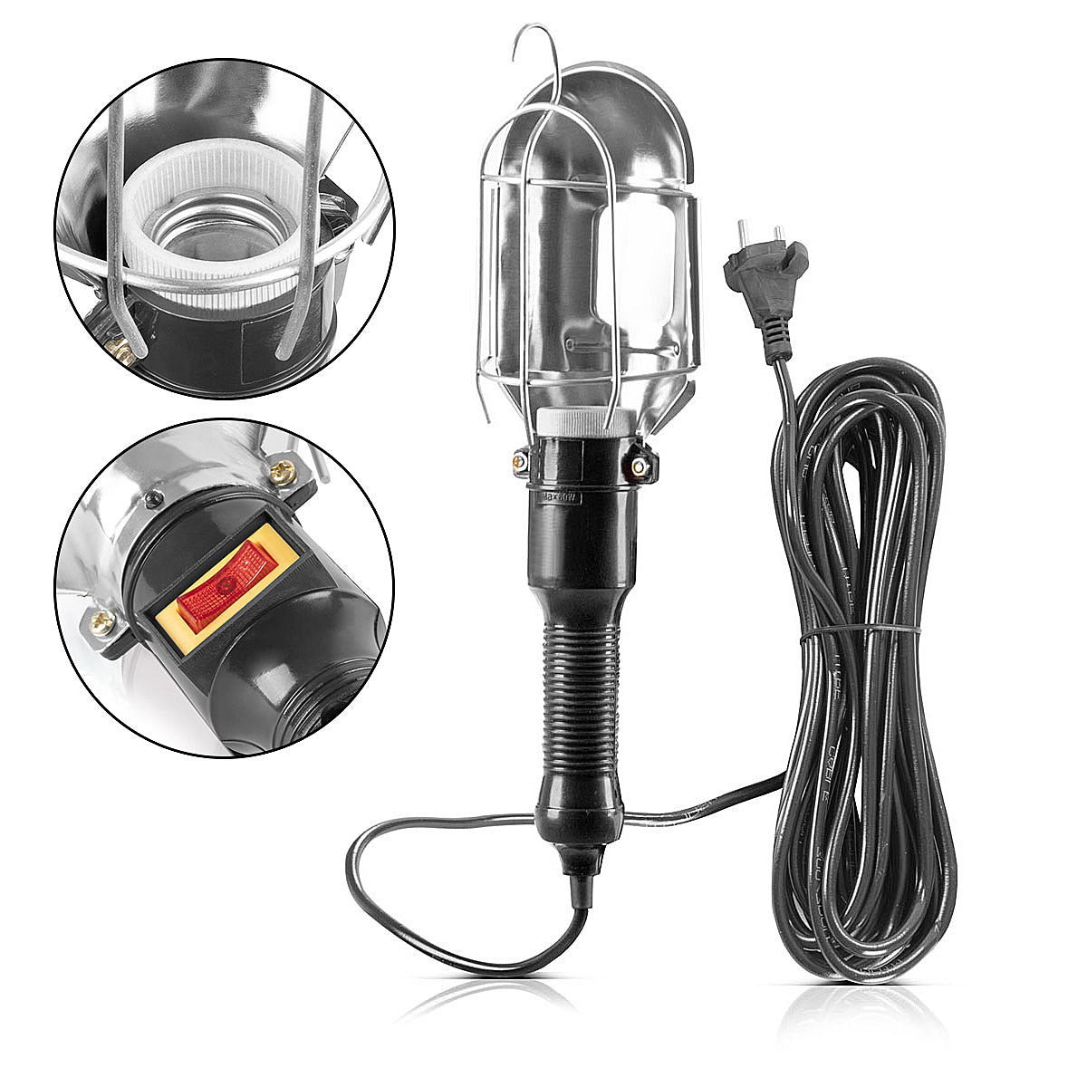 Steelworks Working lamp with E27 version up to max. 60 W workshop lamp with 10 m cable, hanging hooks and rubberized handle, construction lamp | Work lamp | Handlay for repairs and renovation work