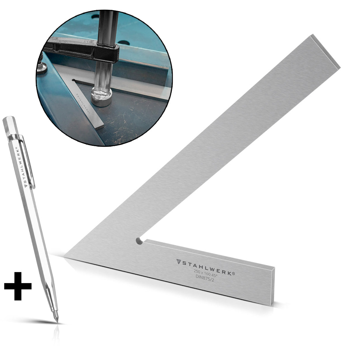 Steel mechanism point-flat angle 45 ° 250 x 160 mm DIN 875/2 control angle / locksmith angle / clipping angle / pointed angle / precision angle made of stainless steel & tearing needle 145 mm