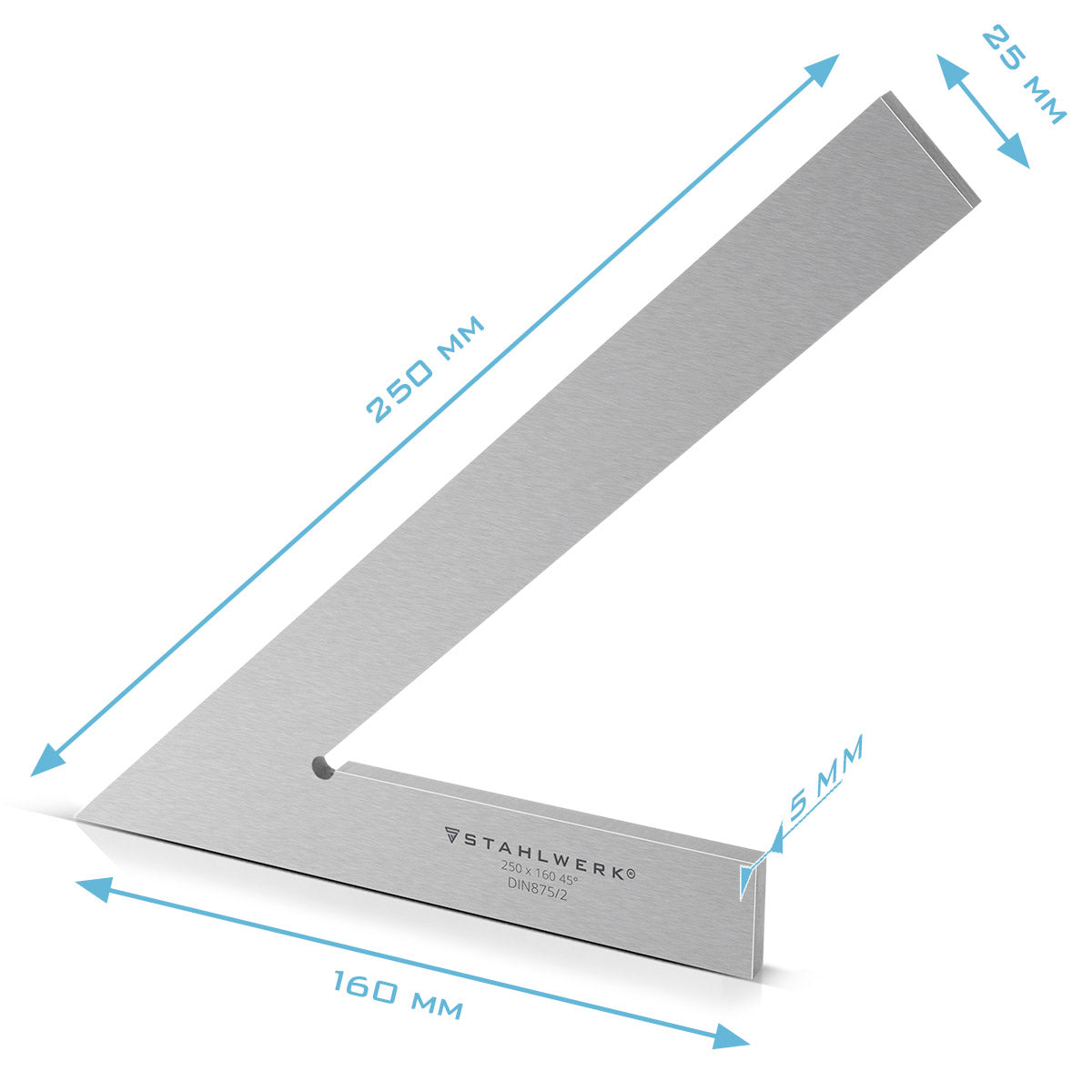 Steel mechanism point-flat angle 45 ° 250 x 160 mm DIN 875/2 control angle / locksmith angle / clipping angle / pointed angle / precision angle made of stainless steel & tearing needle 145 mm