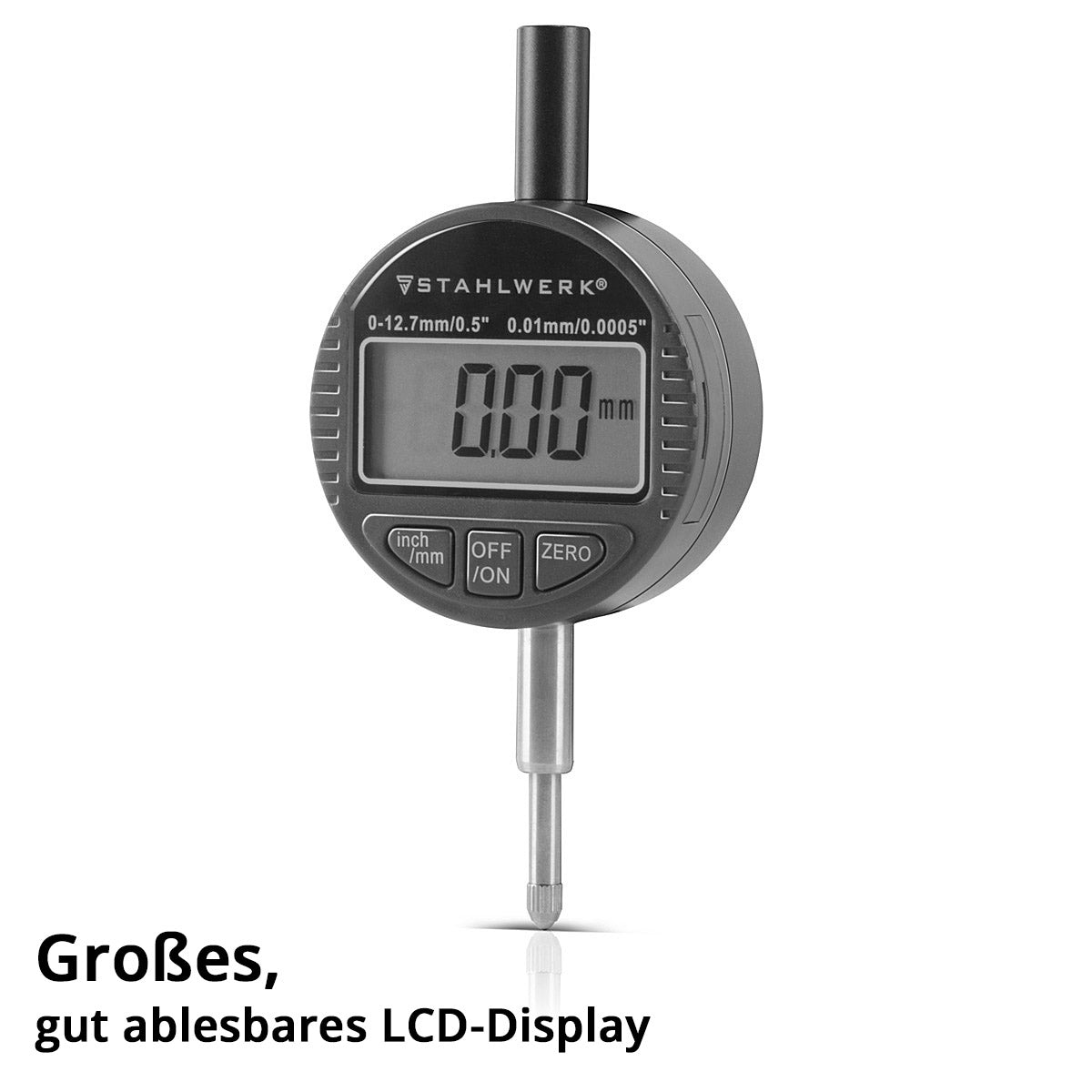 STAHLWERK Digitale Messuhr mit 0-12,7 mm (0,5") Messbereich, Messtaster für Präzisionsmessungen in Millimeter und Zoll