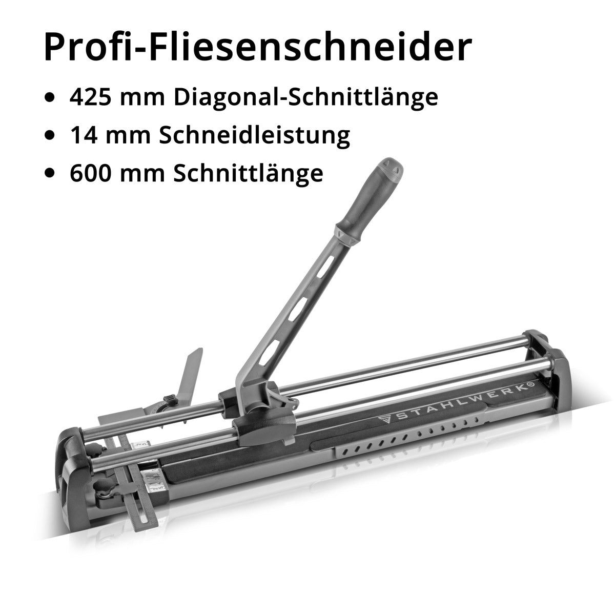 Steelwork Profi tile cutter PFS-600 ST with 600 mm cutting length, 425 mm diagonal cut length and 14 mm cutting thickness, palm cutter / tile cutting machine with high-performance cutting wheel for separating ceramic tiles