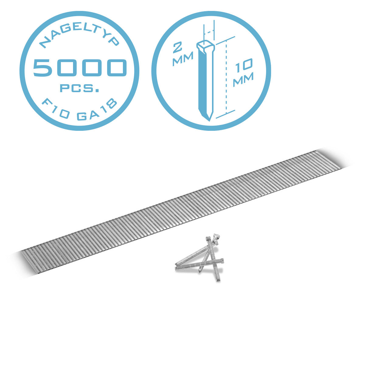 Steel mechanism compressed air nails 10 mm gauge 18 (1.25 x 1.05 mm) with 2 mm head width in the 5000 set of striped nails | Tackernägel | Compressed air pens for nails, nail pistols and tackers 10 mm gauge 18