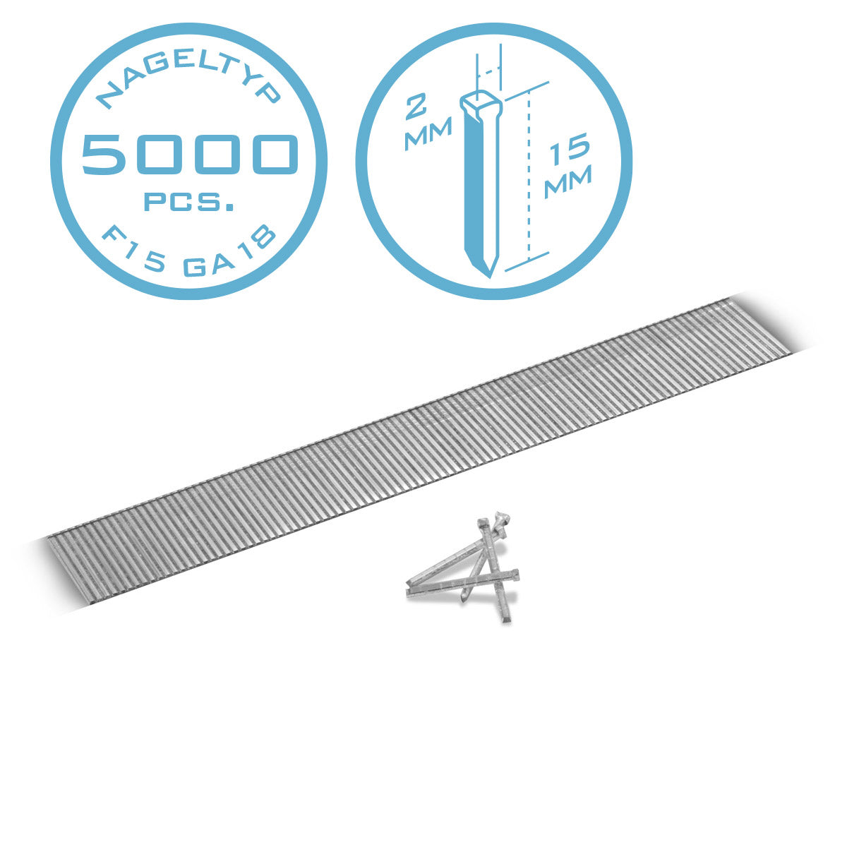 Steel mechanism compressed air nails 15 mm gauge 18 (1.25 x 1.05 mm) with 2 mm head width in the 5000 set of striped nails | Tackernägel | Compressed air pens for nails, nail pistols and tackers