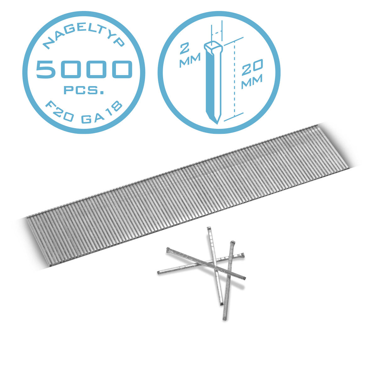 Steel mechanism compressed air nails 20 mm gauge 18 (1.25 x 1.05 mm) with 2 mm head width in the 5000 set of striped nails | Tackernägel | Compressed air pens for nails, nail pistols and tackers