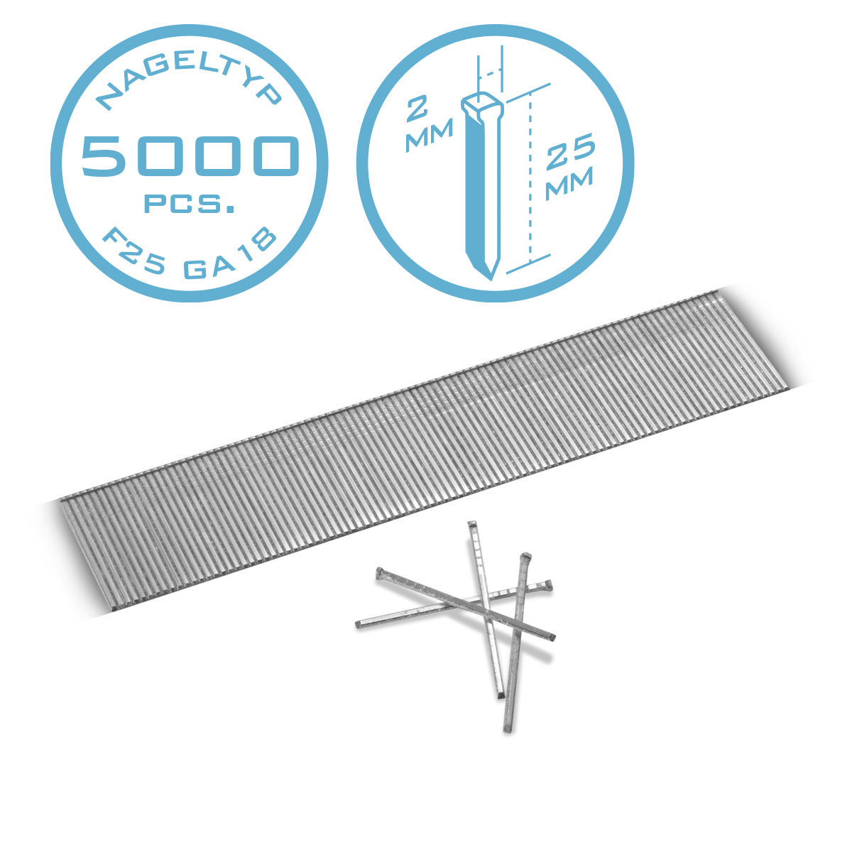 Steel mechanism compressed air Nails 25 mm Gauge 18 (1.25 x 1.05 mm) with 2 mm head width in the 5000 set of striped nails | Tackernägel | Compressed air pens for nails, nail pistols and tackers