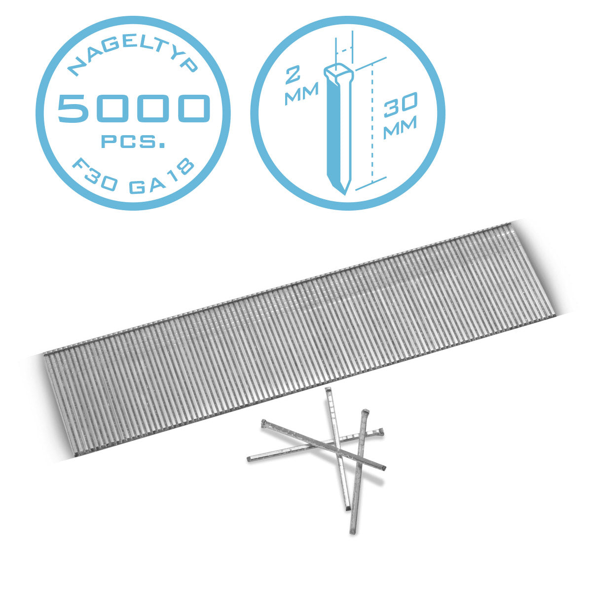 Mécanisme d'acier ongles d'air comprimé 30 mm Gauge 18 (1,25 x 1,05 mm) avec une largeur de tête de 2 mm dans l'ensemble 5000 de clous rayés | Tackernägel | Pentes à air comprimé pour les ongles, les pistolets à ongles et les plaquettes