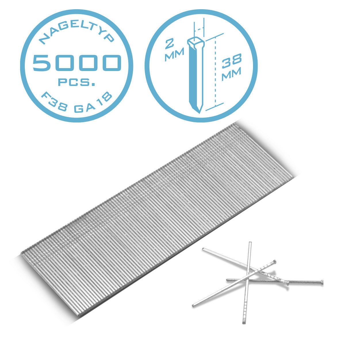 Steel mechanism compressed air nails 38 mm gauge 18 (1.25 x 1.05 mm) with 2 mm head width in the 5000 set of striped nails | Tackernägel | Compressed air pens for nails, nail pistols and tackers