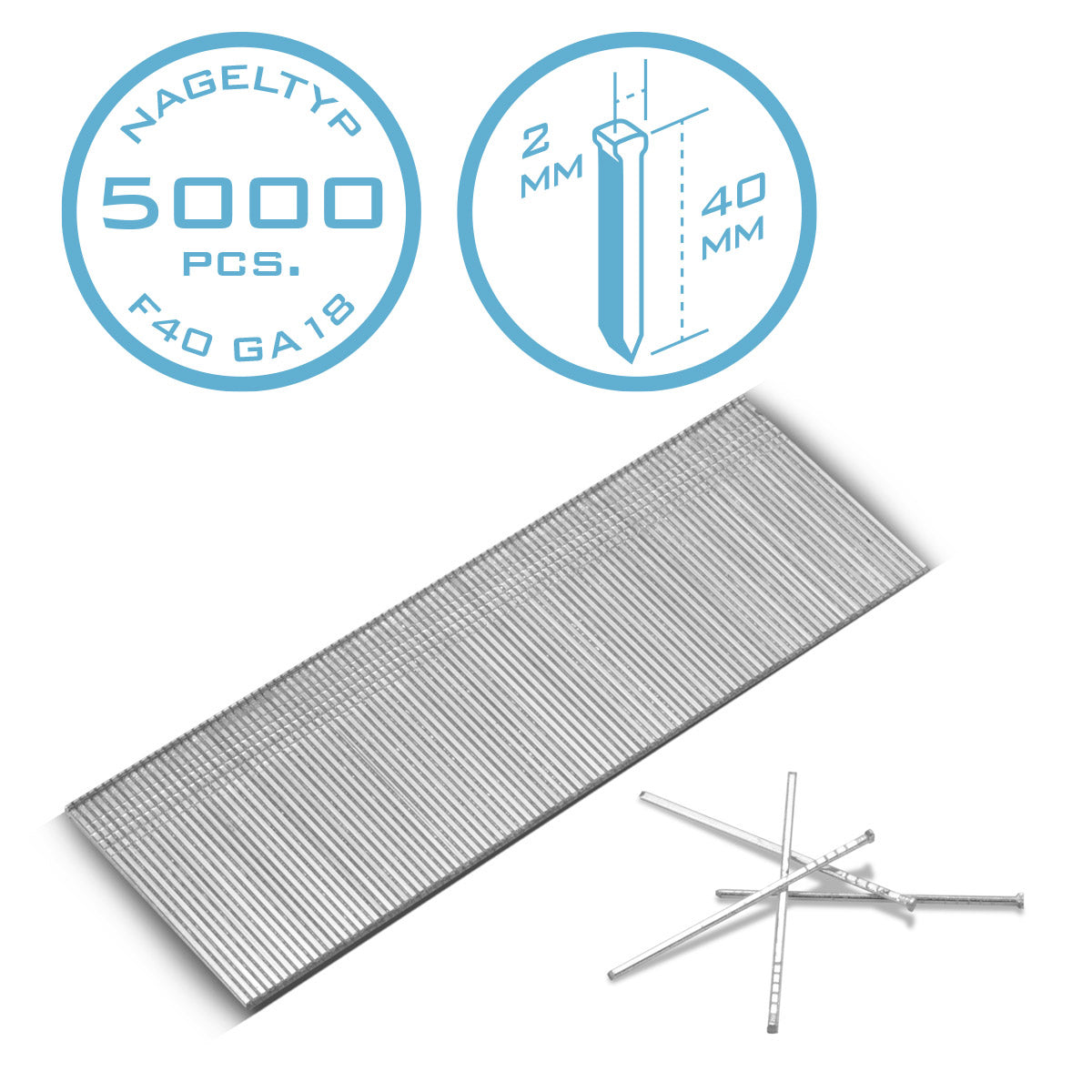 Steel mechanism compressed air nails 40 mm gauge 18 (1.25 x 1.05 mm) with 2 mm head width in the 5000 set of striped nails | Tackernägel | Compressed air pens for nails, nail pistols and tackers