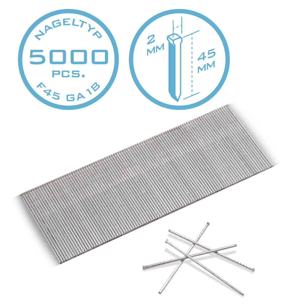 Steel mechanism compressed air nails 45 mm gauge 18 (1.25 x 1.05 mm) with 2 mm head width in the 5000 set of striped nails | Tackernägel | Compressed air pens for nails, nail pistols and tackers