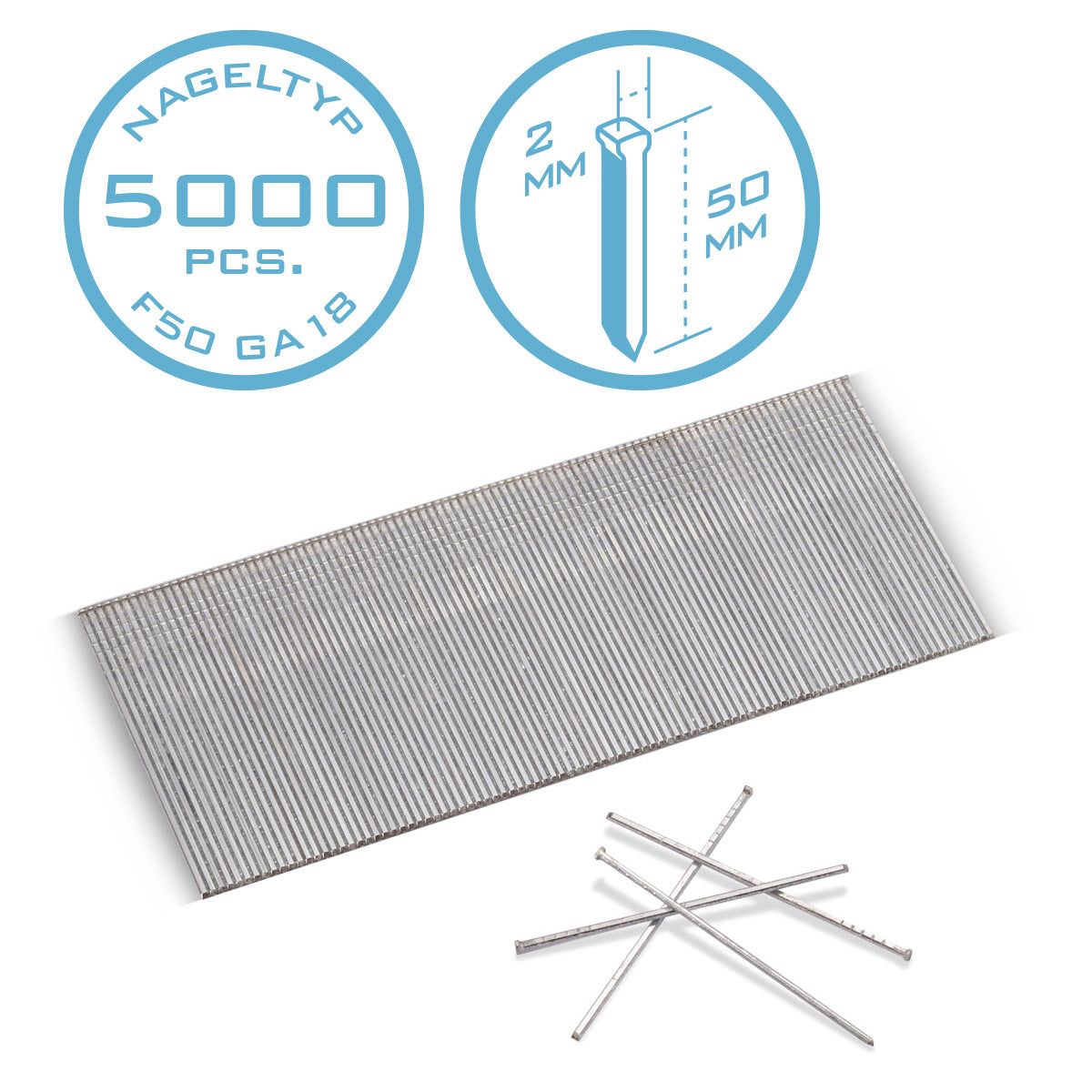 Steel mechanism compressed air nails 50 mm gauge 18 (1.25 x 1.05 mm) with 2 mm head width in the 5000 set of striped nails | Tackernägel | Compressed air pens for nails, nail pistols and tackers