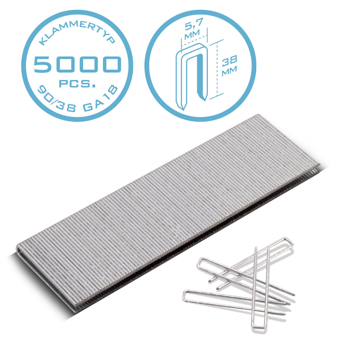 Steel mill Type 90 (1.25 x 1.0 mm) with 38 mm length in the 5000 Set | Tacker clips | Brackets for hand tackers, compressed air stackers and electrical stackers