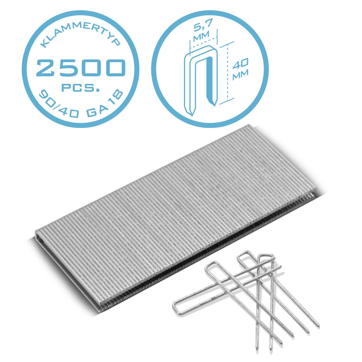 2500 sette 40 mm uzunluğunda çelik fabrikası tip 90 (1.25 x 1.0 mm) | Tacker Clips | El yapıcılar, basınçlı hava istifleyicileri ve elektrik istifleyicileri için parantez