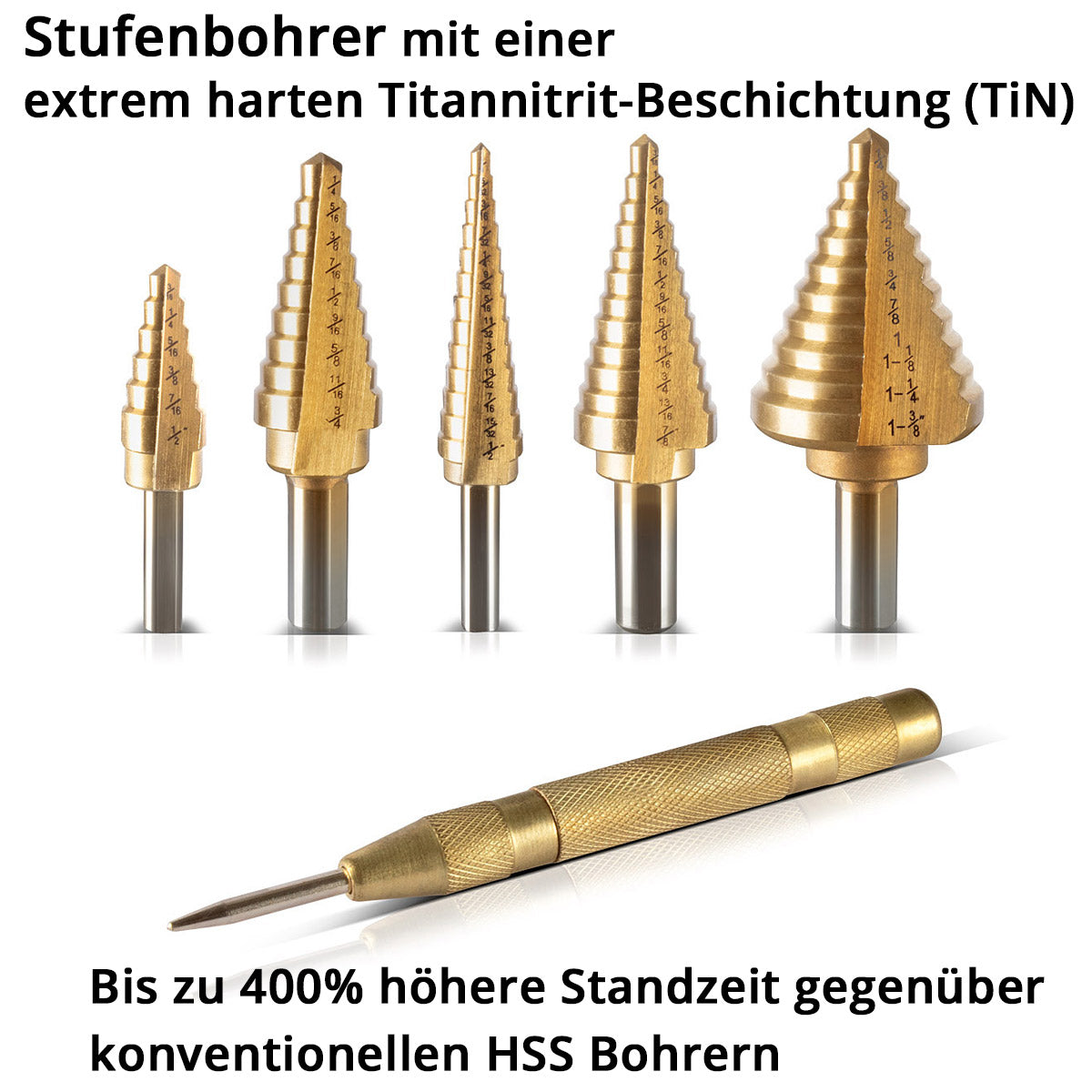 SECCHIO HSS STEP / CONE PROPRIMO SET SET 6 PARTS con rivestimento di stagno, trapano in metallo / esercitazione in metallo per perforazione precisa di acciai in lega e non legati, inclusi cereali automatici e custodia in alluminio