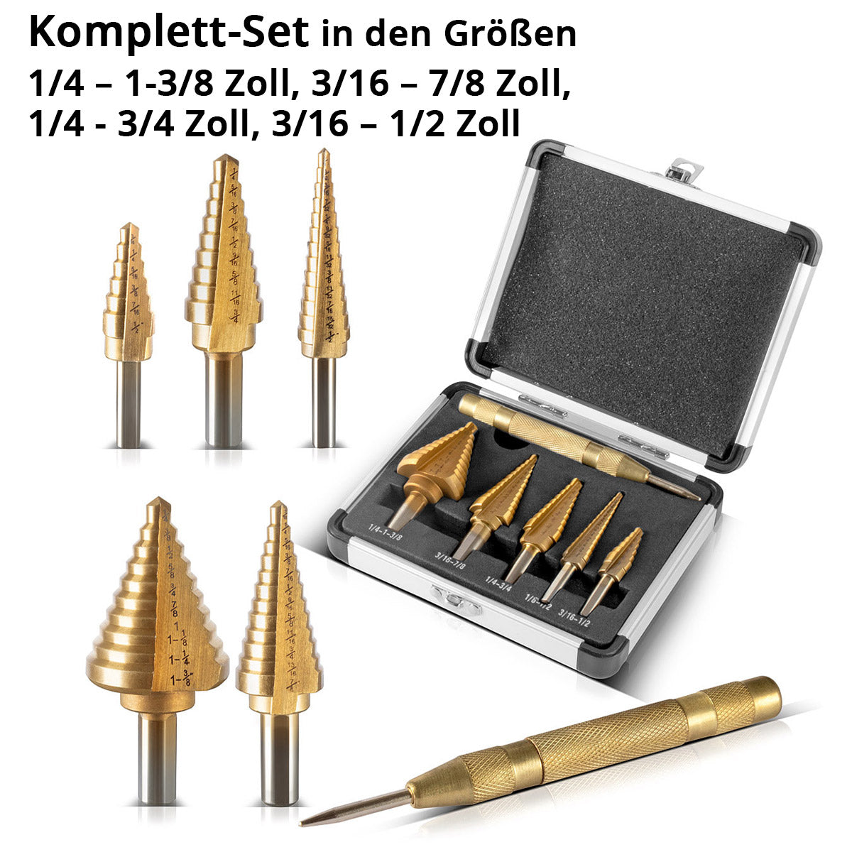 STAHLWERK HSS Stufenbohrer / Kegelbohrer Set 6 Teile mit TiN-Beschichtung, Senkbohrer / Metallbohrer zum präzisen Bohren von legierten und nicht legierten Stählen inklusive Automatik-Körner und Aluminiumkoffer