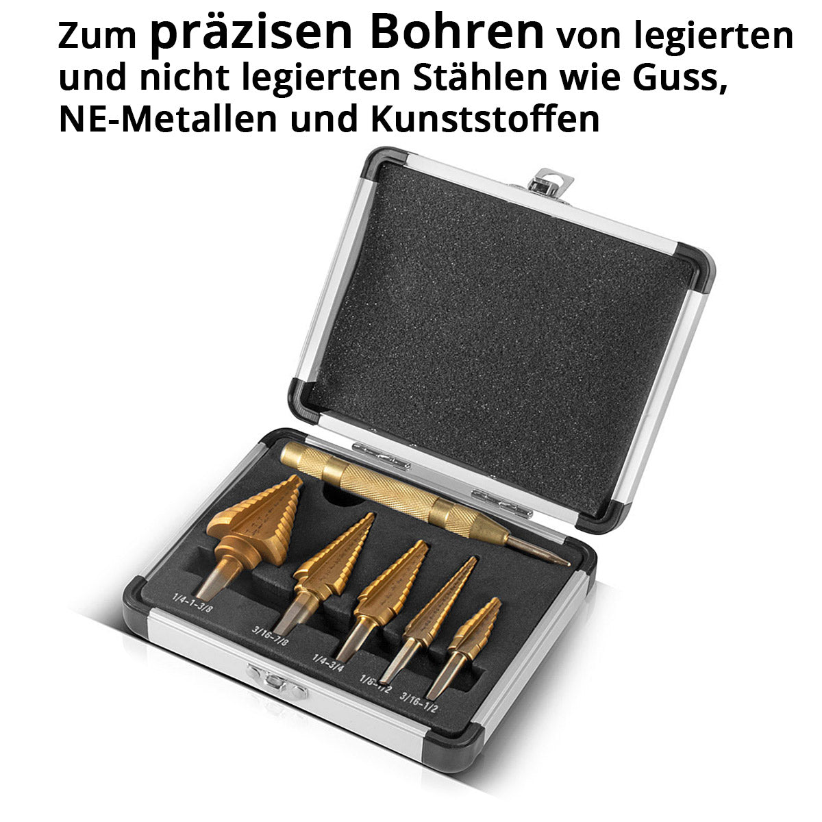 STAHLWERK HSS Stufenbohrer / Kegelbohrer Set 6 Teile mit TiN-Beschichtung, Senkbohrer / Metallbohrer zum präzisen Bohren von legierten und nicht legierten Stählen inklusive Automatik-Körner und Aluminiumkoffer