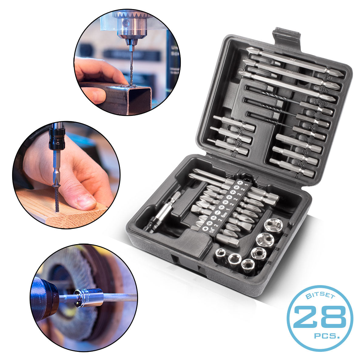 Steelworks 28-part screwdriver-bit set with hexagonal shaft for cordless screwdrivers, bite set and plug-in chrome vanadium including transport box | Screwer Set | Split key set