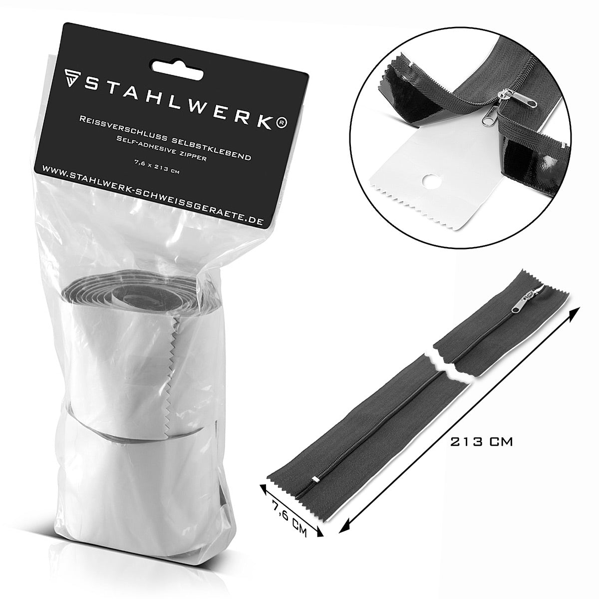 Steelworks Self-adhesive universal zip for dust doors, dust curtains and dust protection foils, strongly adhesive with a smooth zipper 7.6 x 213 cm in the practical 2 Set