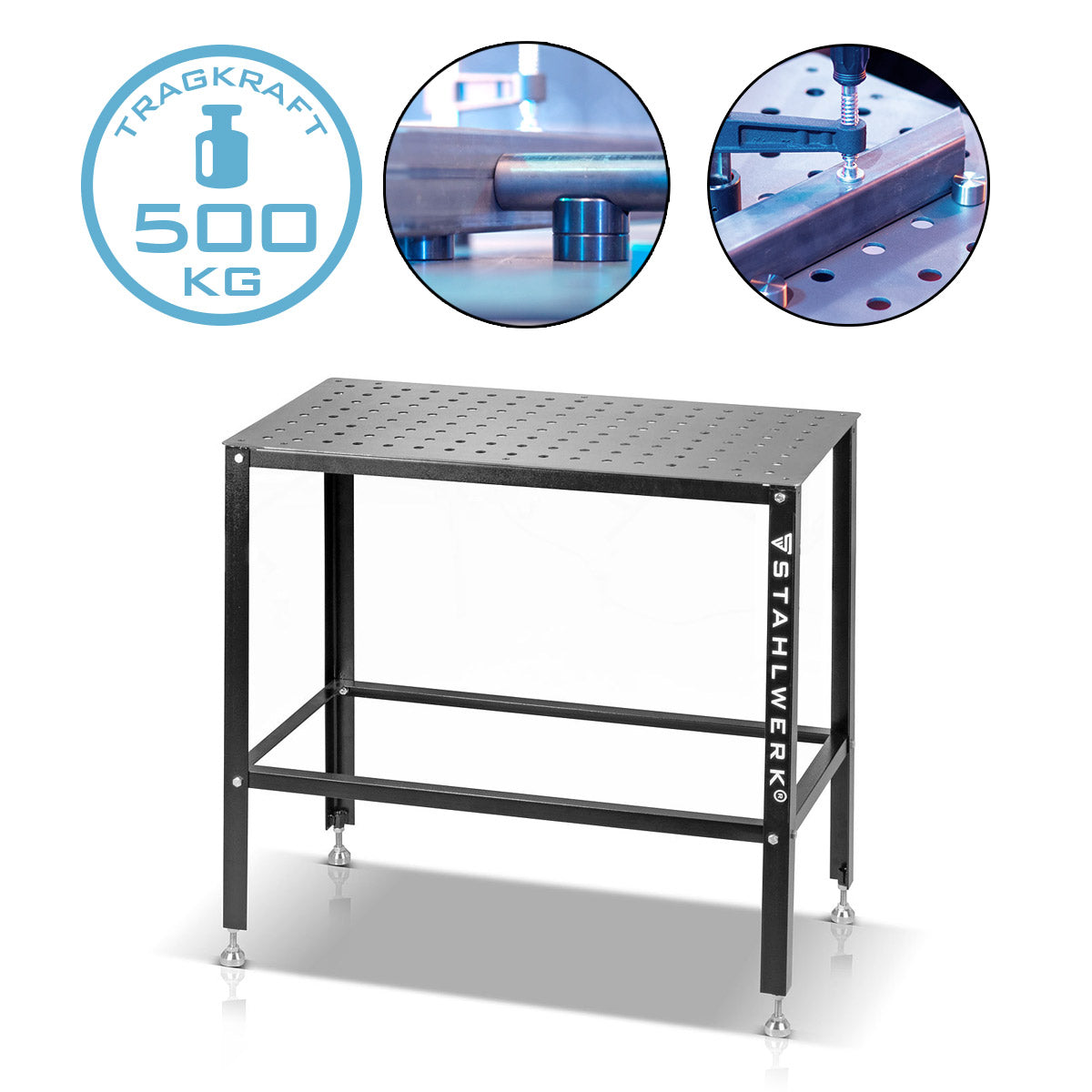 Steelworks sweat table | Assembly table with 500 kg load capacity and 3 mm worktop 91.5 x 46 x 90 cm in the D16 hole system, DIY kit made of high-resistant carbon steel with levelable stainless steel feet