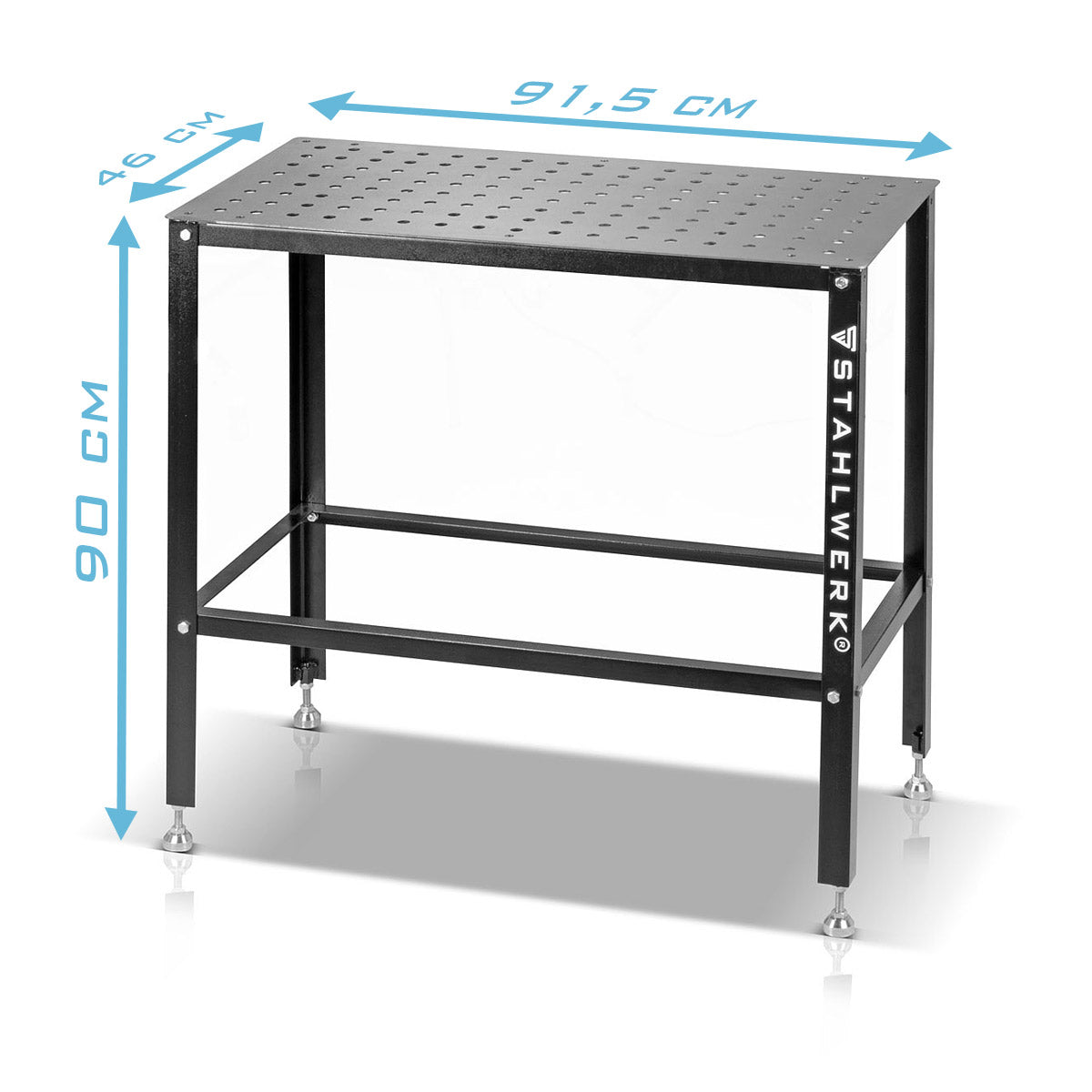 Steelworks sweat table | Assembly table with 500 kg load capacity and 3 mm worktop 91.5 x 46 x 90 cm in the D16 hole system, DIY kit made of high-resistant carbon steel with levelable stainless steel feet