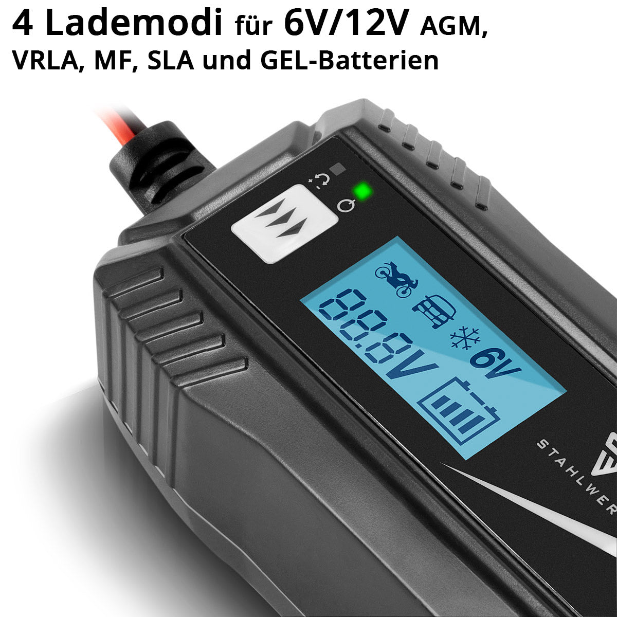 STAHLWERK Batterieladegerät IBC-50 ST mit Mikroprozessor und 4 Lademodi für 6V/12V AGM, VRLA, MF, SLA und GEL-Batterien | Intelligentes Ladegerät für Auto und Motorrad