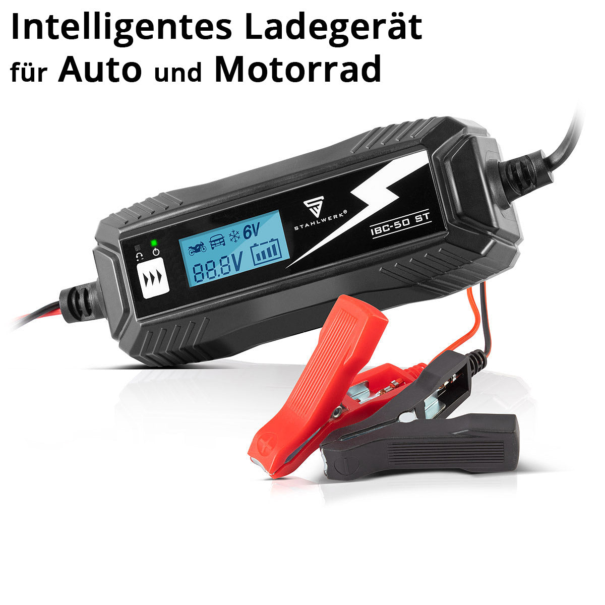 Caricatore della batteria in acciaio IBC-50 ST con microprocessore e 4 ladEdii per 6 V/12V AGM, VRLA, MF, SLA e Gel Batterie | Caricatore intelligente per auto e moto