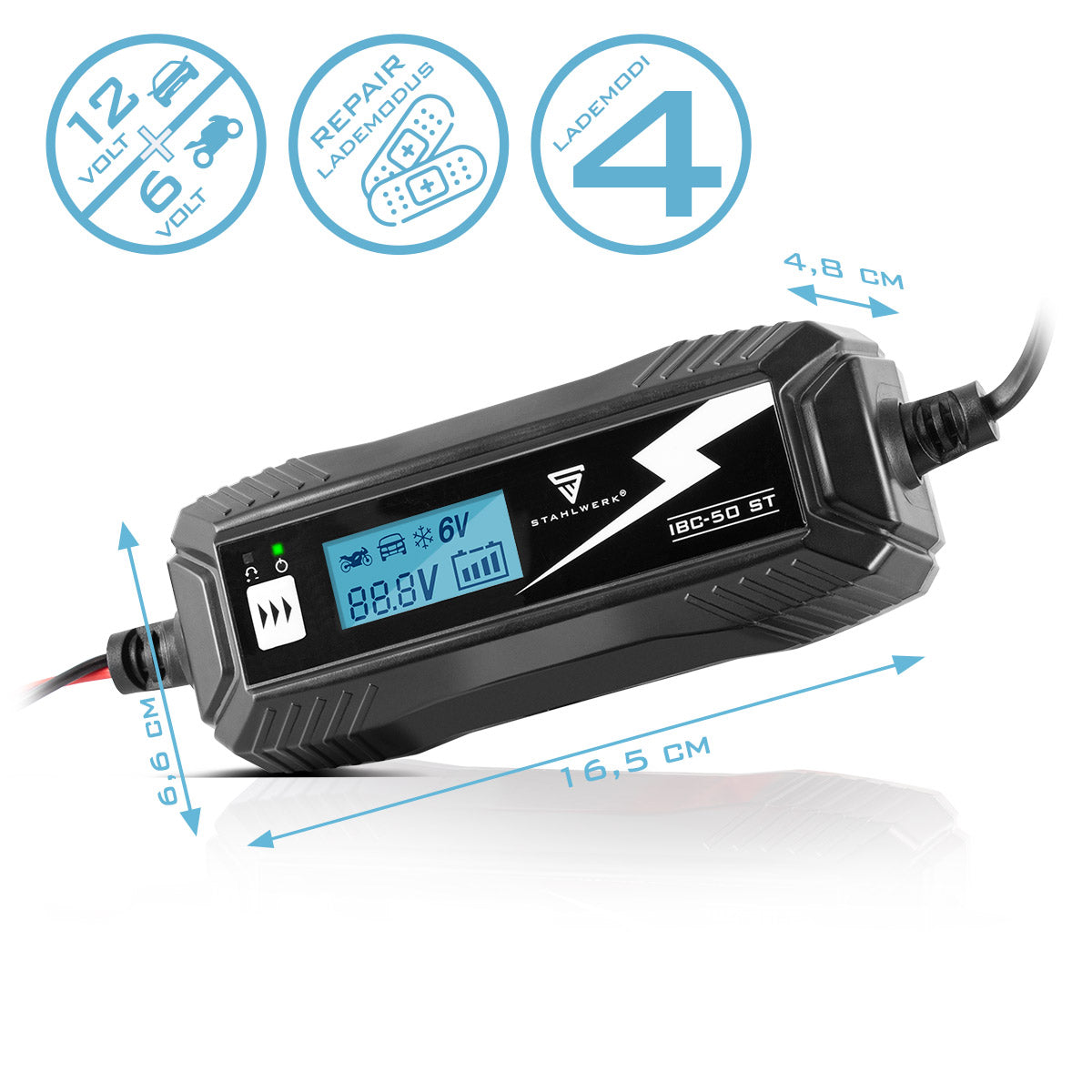 Caricatore della batteria in acciaio IBC-50 ST con microprocessore e 4 ladEdii per 6 V/12V AGM, VRLA, MF, SLA e Gel Batterie | Caricatore intelligente per auto e moto