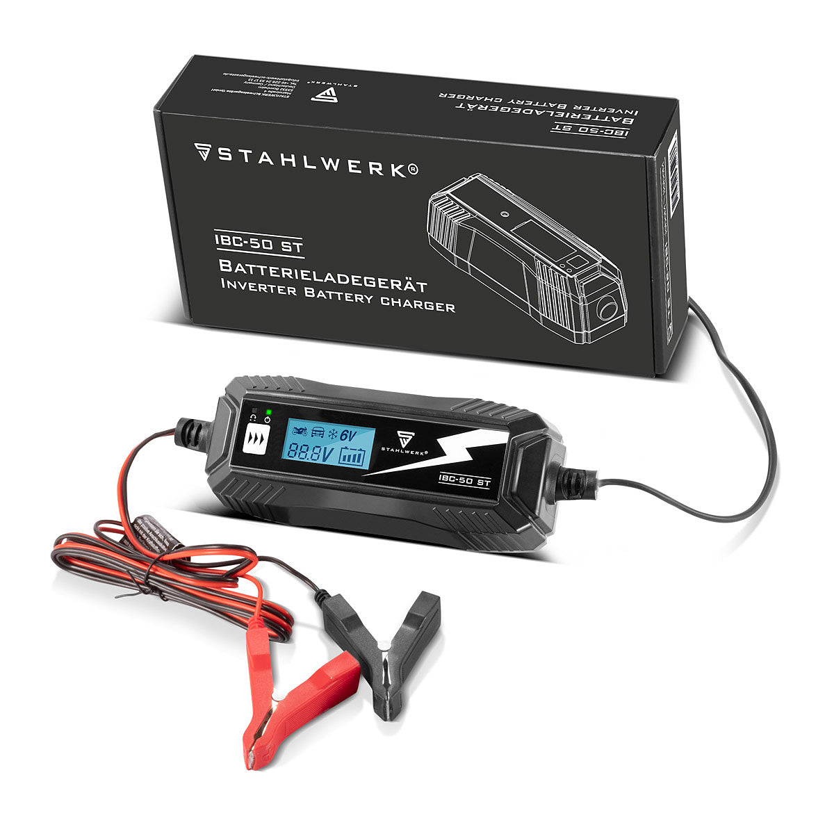 Caricatore della batteria in acciaio IBC-50 ST con microprocessore e 4 ladEdii per 6 V/12V AGM, VRLA, MF, SLA e Gel Batterie | Caricatore intelligente per auto e moto