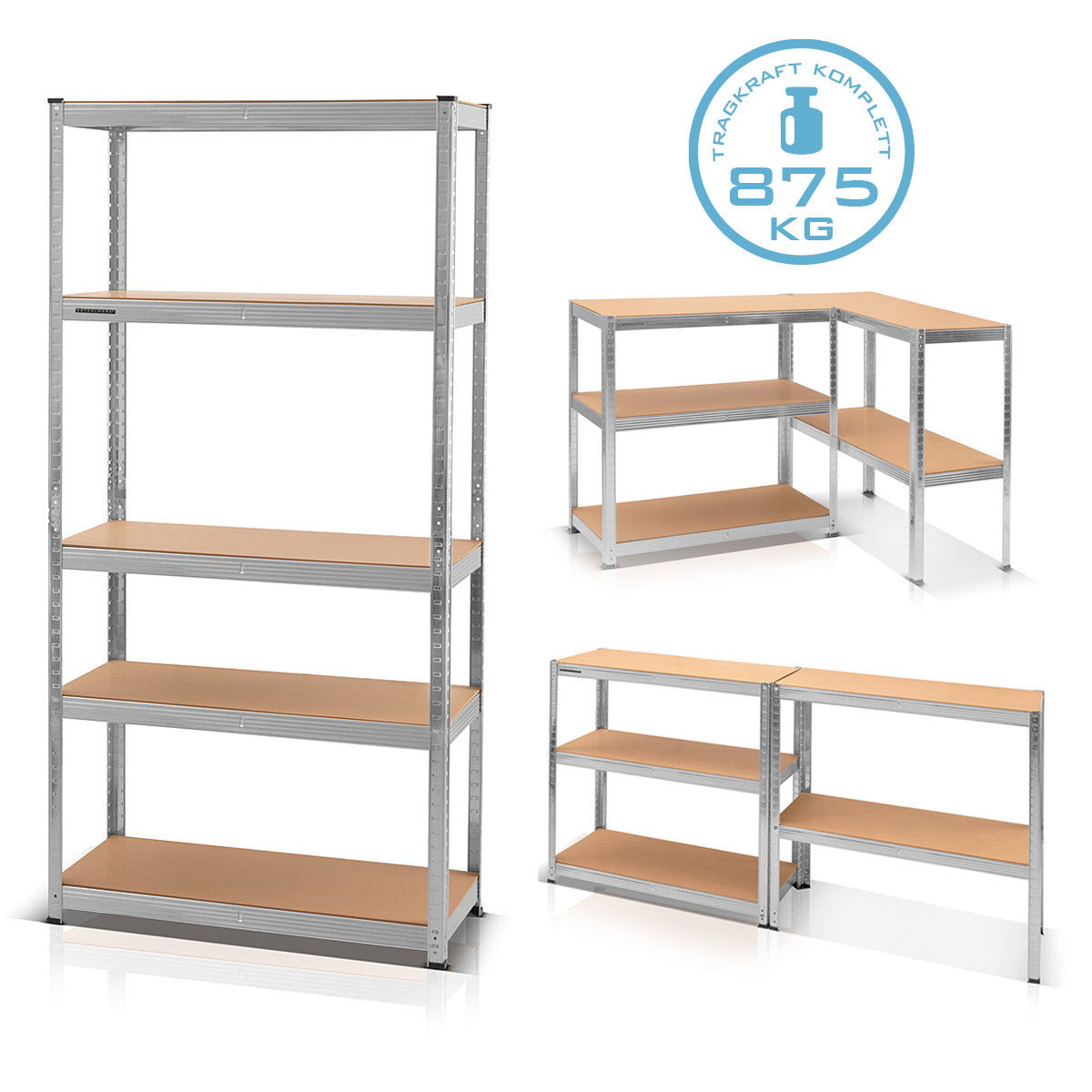 Steelworks heavy load shelf made of galvanized steel and 5 MDF shelf floors, up to 875 kg, 180 cm | Steel shelf for basement, garage, workshop or storage room | Keller shelf | Warehouse shelf