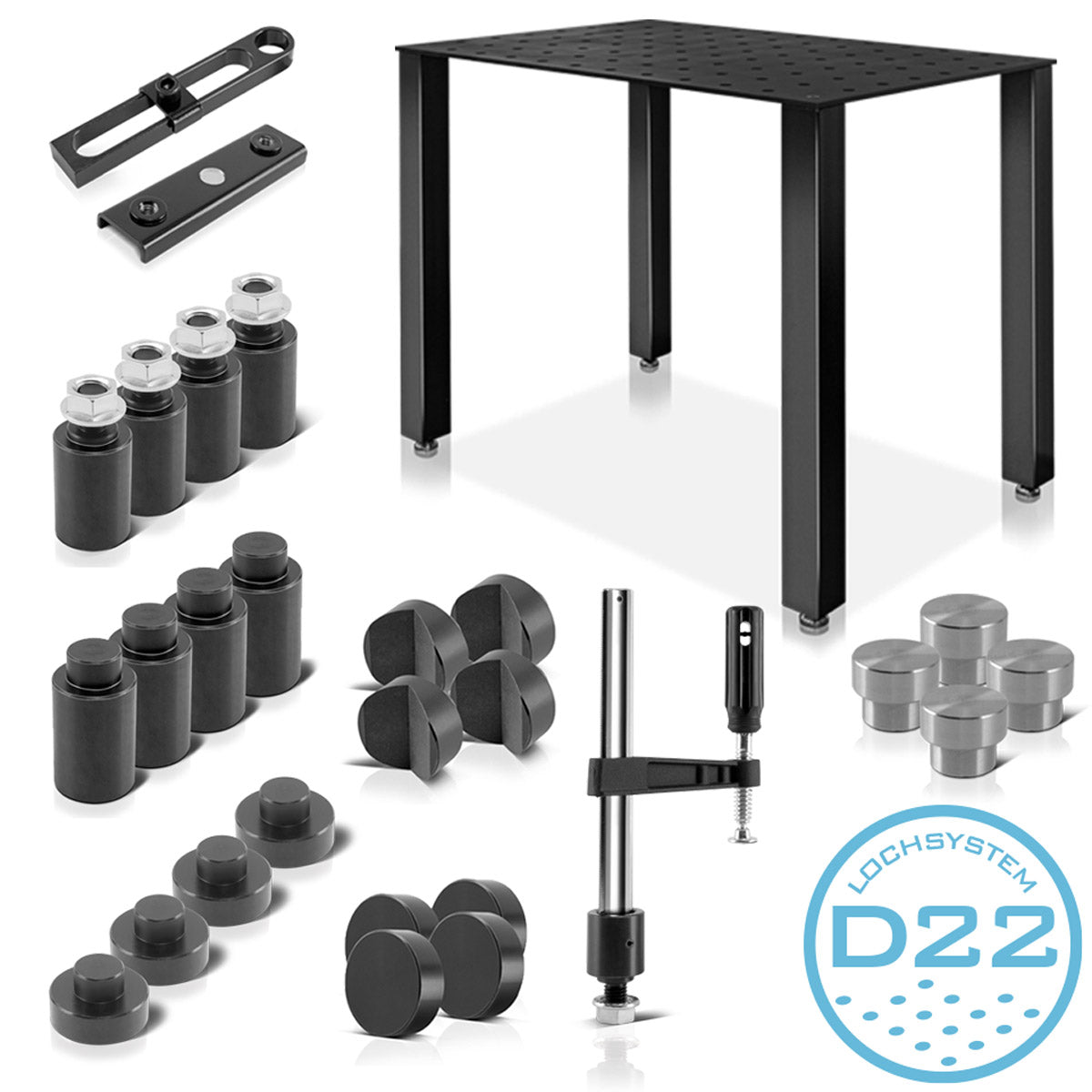 Steelworks sweat table set, assembly table with D22 hole system and 12 mm worktop as a DIY kit in the set with magnetic strokes, screw clamps, tension, clamping and centering bolts