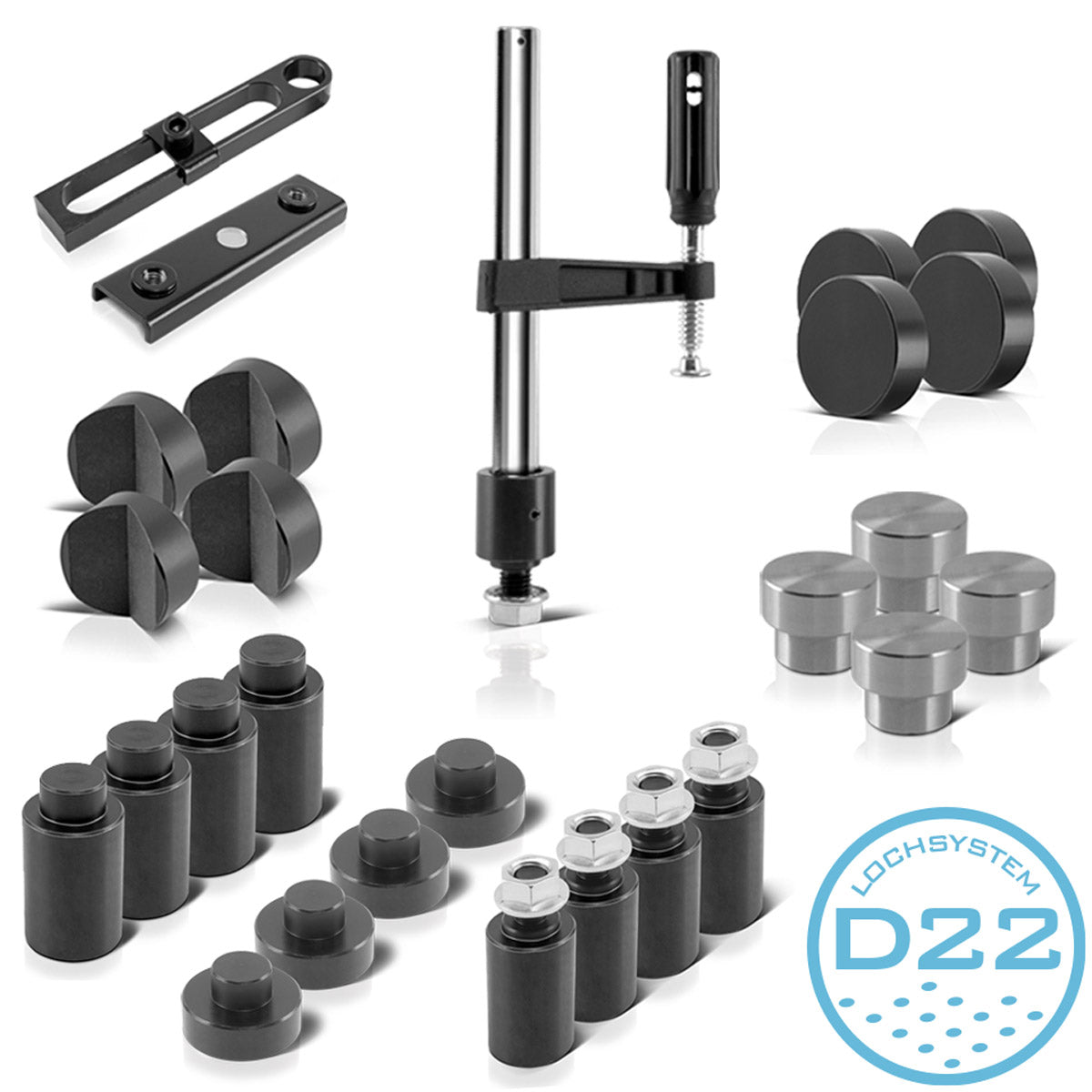 Steelworks welding table accessories set for D22 hole system with magnetic attacks, screw clamps, stop, clamping and centering bolts